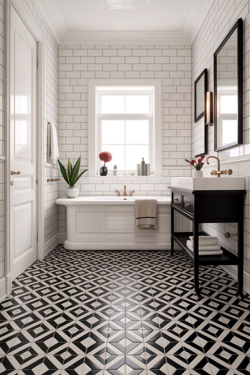 Patterned floor tile bathroom - 30 high contrast bathroom ideas