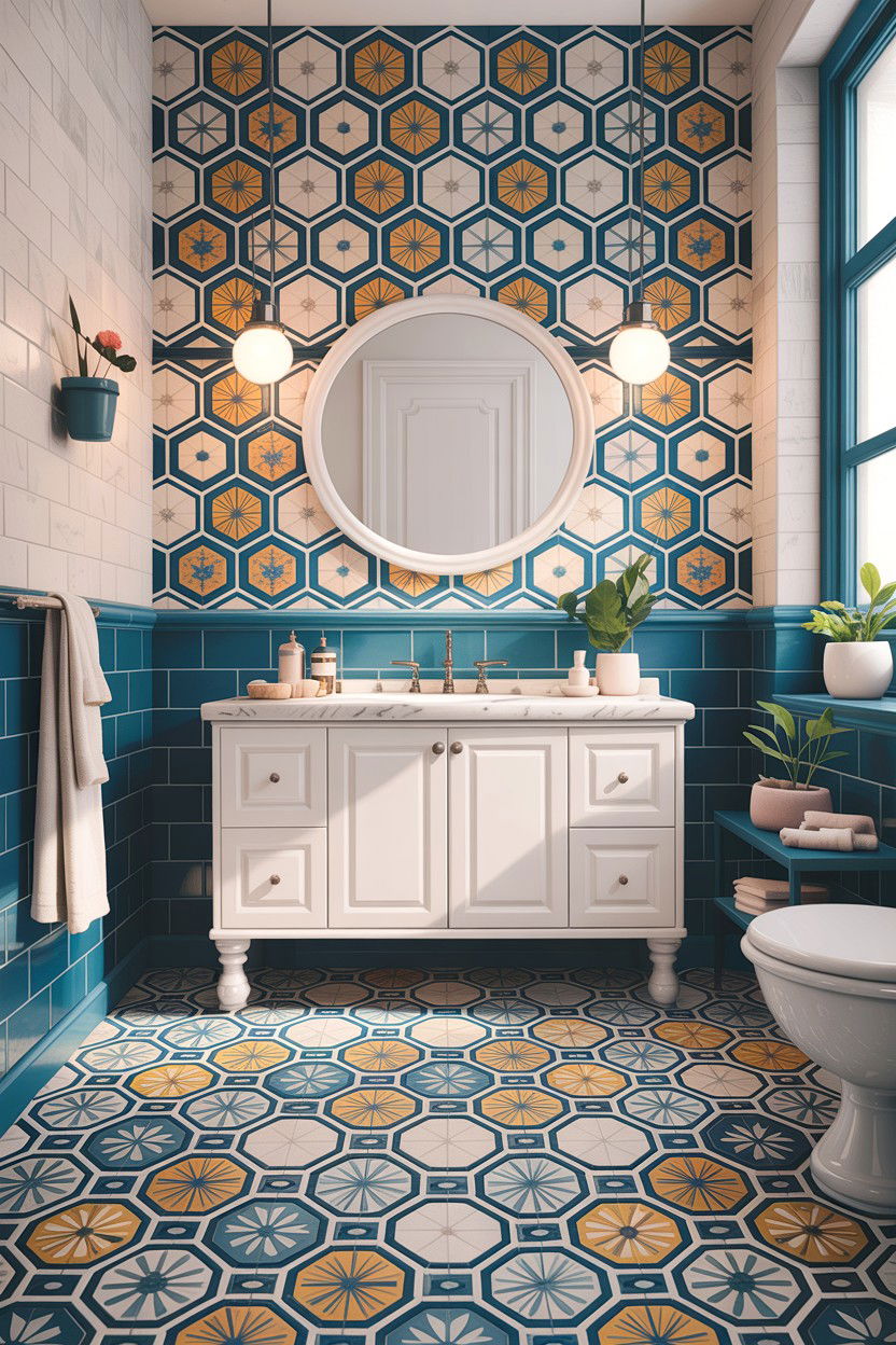 Patterned hexagon tile bathroom floor - 30 honeycomb tile bathroom ideas