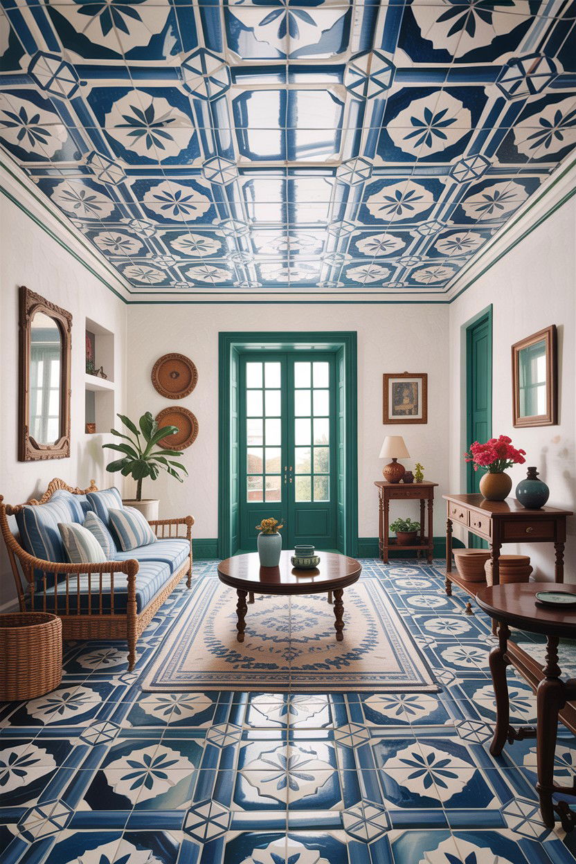 Patterned tile ceiling living room - 30 living room fifth wall ideas