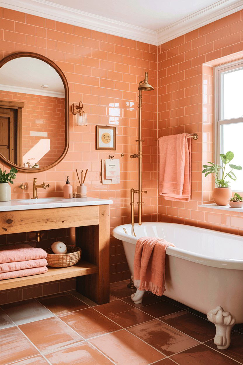Peach subway tile bathroom - 30 colored subway tile bathroom ideas