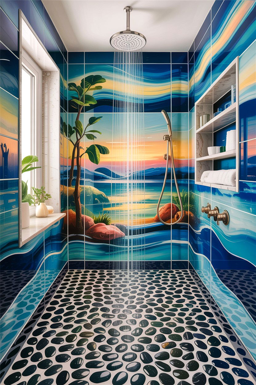 Pebble glass mosaic shower floor - 30 glass mosaic bathroom ideas