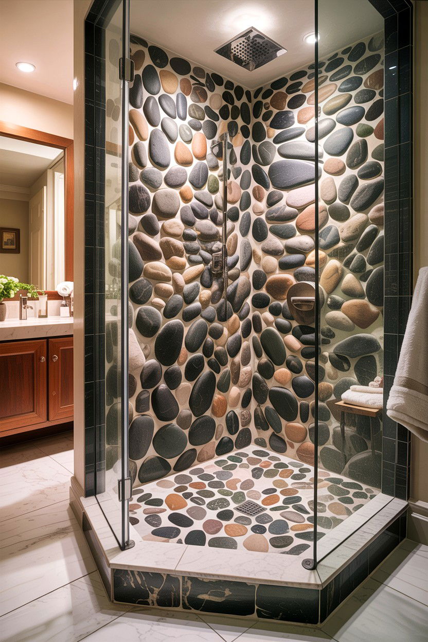 Pebble shower floor - 30 DIY bathroom ideas