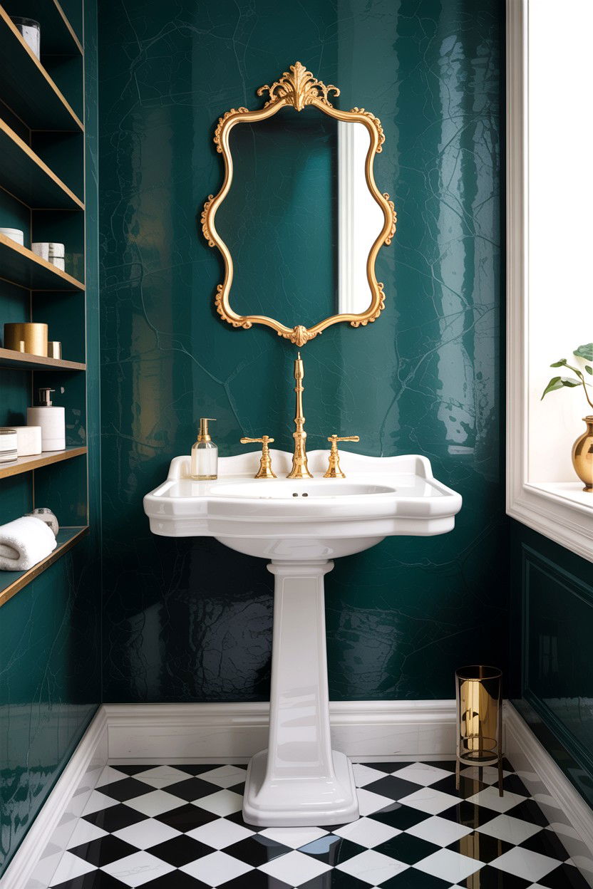 Pedestal sink with gold faucet - 30 Hollywood regency bathroom ideas