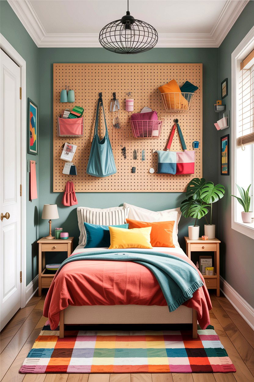 Pegboard Wall Organizer - 30 small bedroom space storage ideas