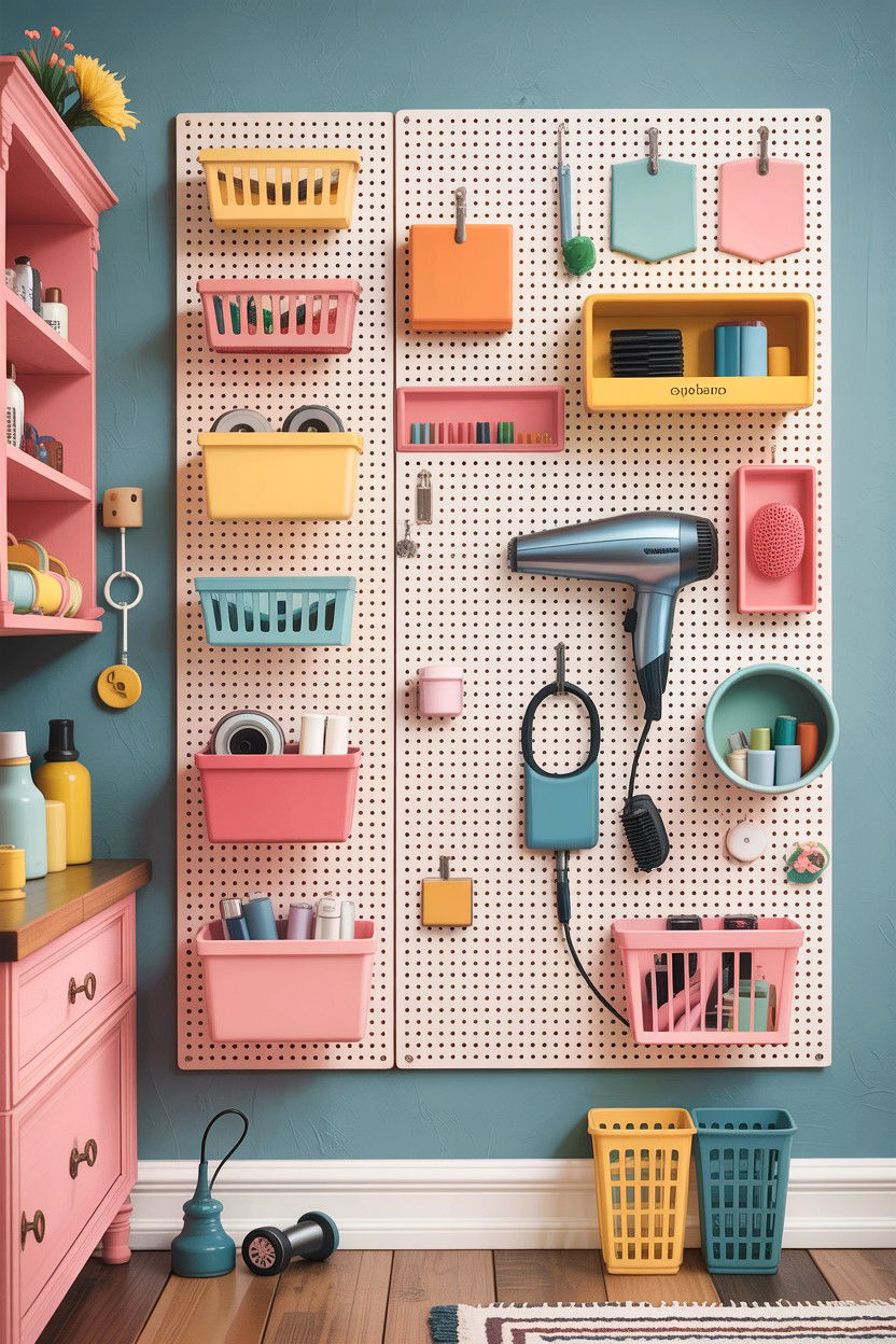 Pegboard wall organizer - 30 small bathroom space storage ideas