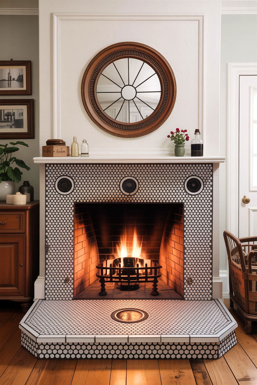 Penny Tile Hearth - 30 living room fireplace surround ideas
