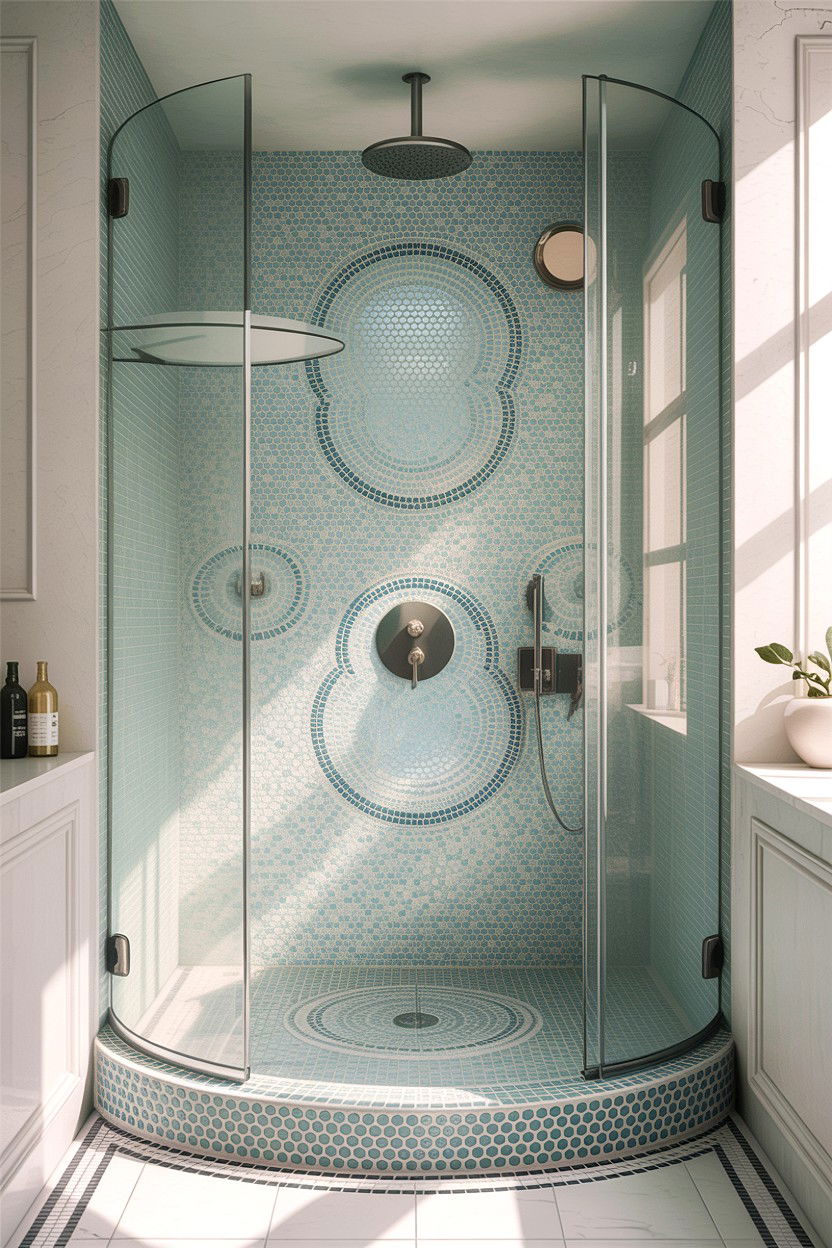 Penny round glass mosaic shower - 30 glass mosaic bathroom ideas