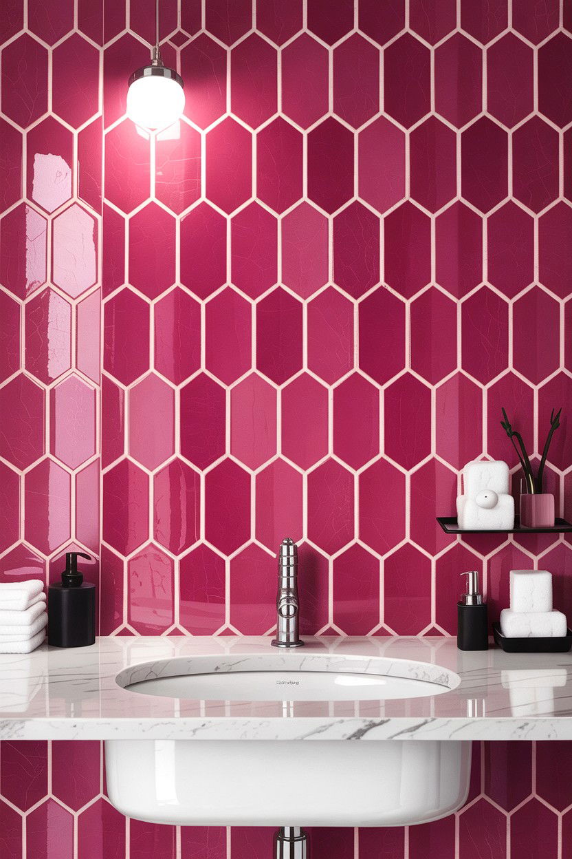 Pink Geometric Tile - 30 hot pink bathroom ideas