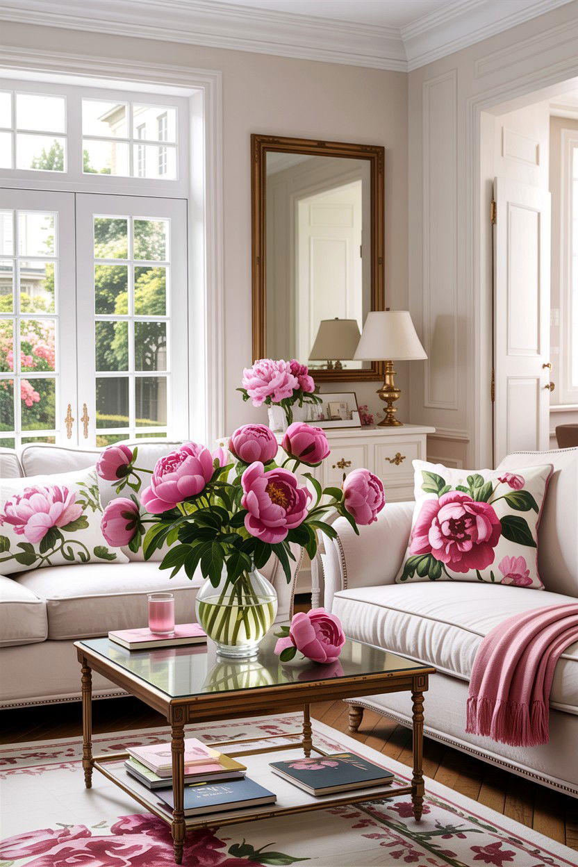 Pink Peony Accents - 30 French shabby chic living room ideas