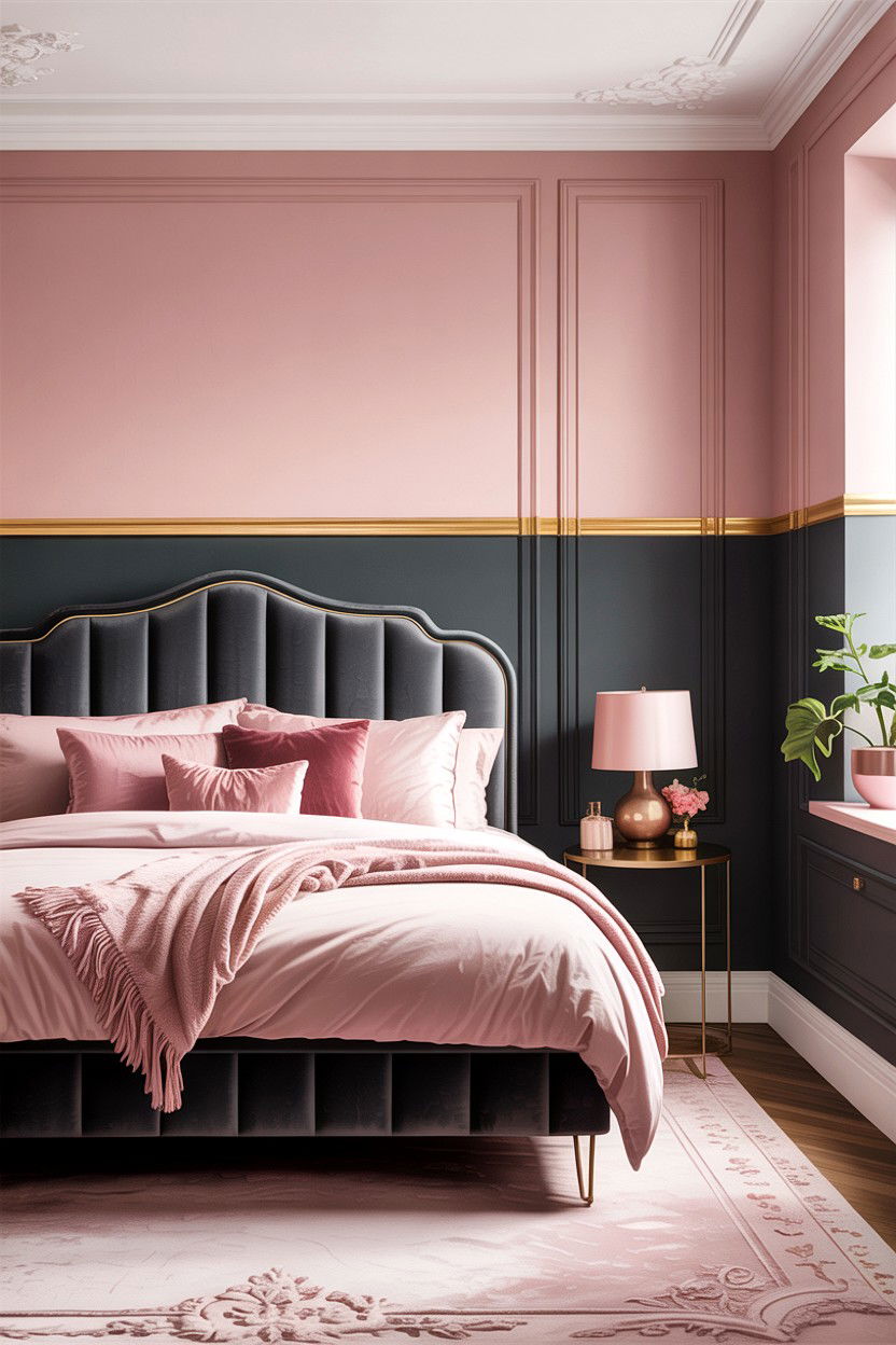 Pink and charcoal grey bedroom - 30 bedroom two tone walls