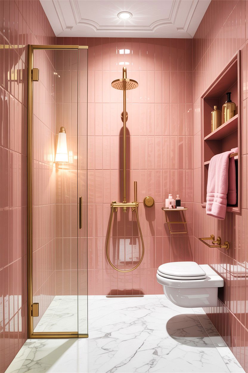 Pink and gold bathroom - 30 Hollywood regency bathroom ideas