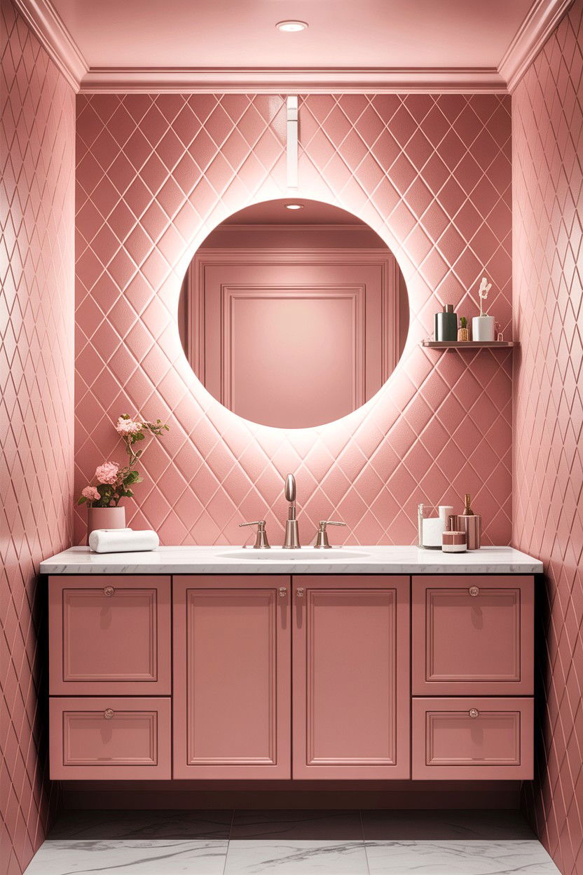 Pink diamond tile vanity wall - 30 diamond tile bathroom ideas