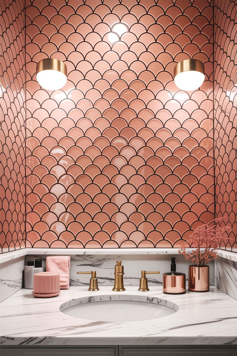 Pink fish scale tile accent wall - 30 fish scale tile bathroom ideas