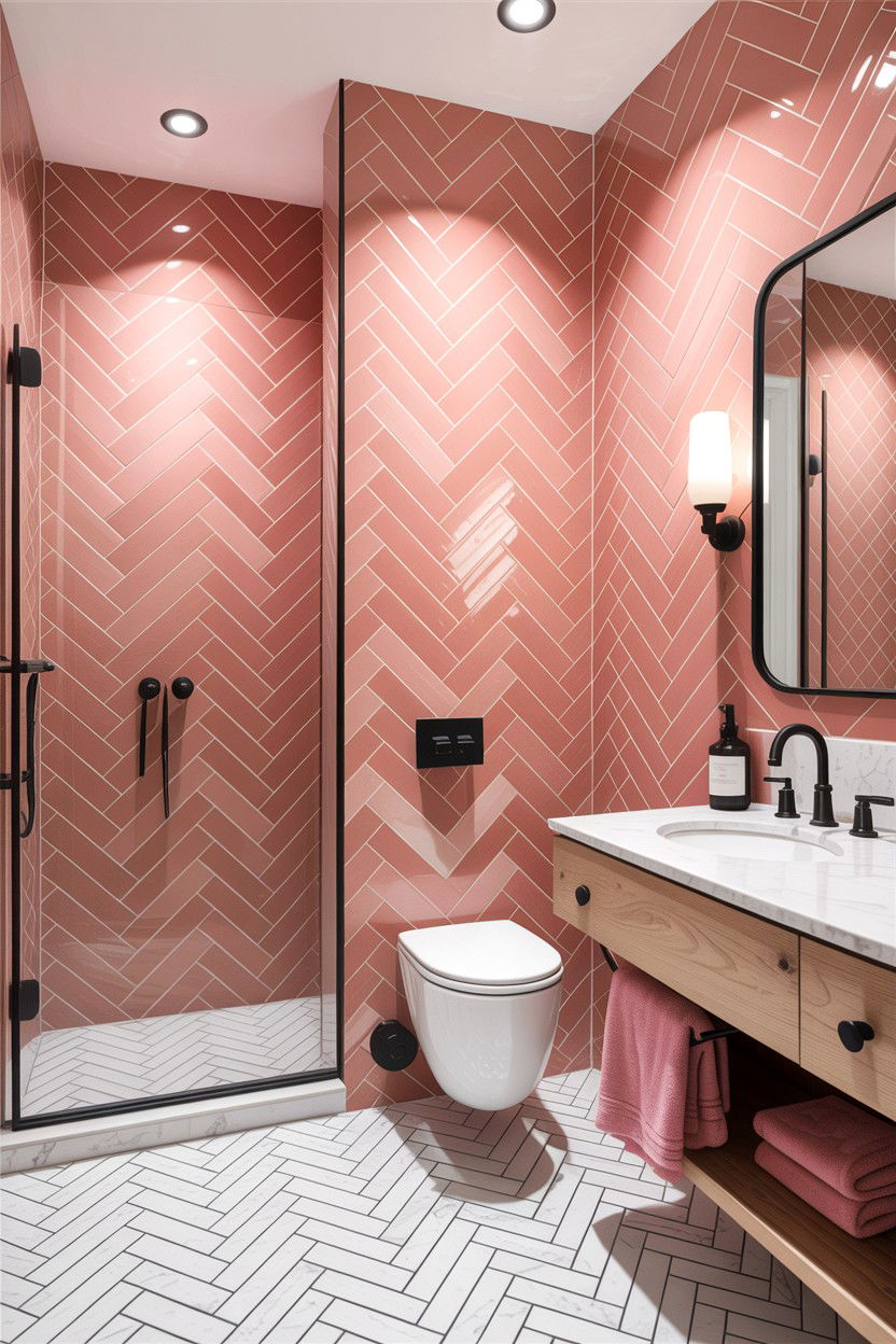 Pink herringbone tile bathroom - 30 herringbone pattern bathroom ideas