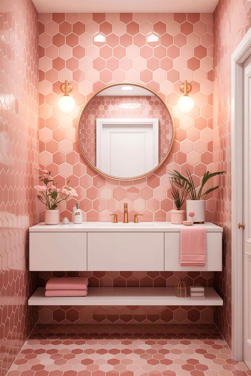 Pink honeycomb tile bathroom wall - 30 honeycomb tile bathroom ideas
