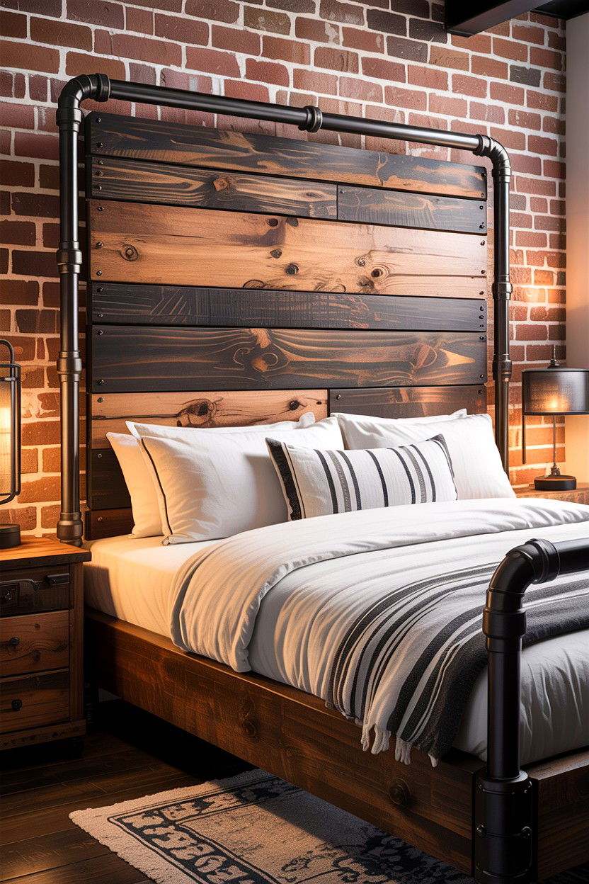 Pipe And Wood Headboard - 30 bedroom DIY headboard ideas