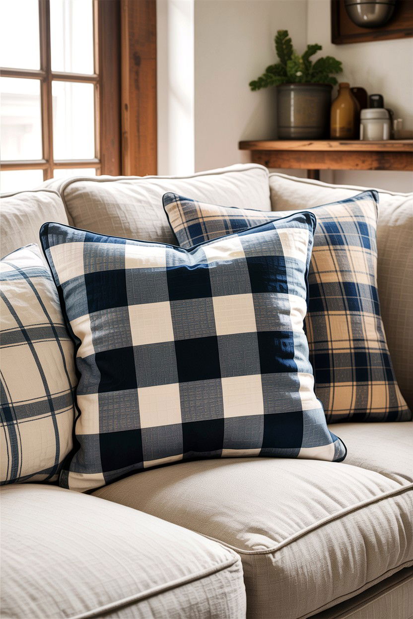 Plaid Accent Pillows - 30 living room farmhouse furniture ideas