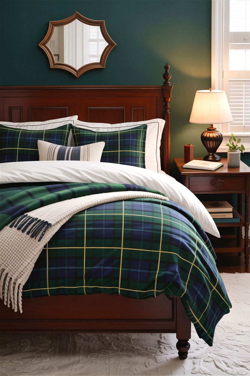 Plaid Pattern Bedding - 30 dark academia bedroom ideas
