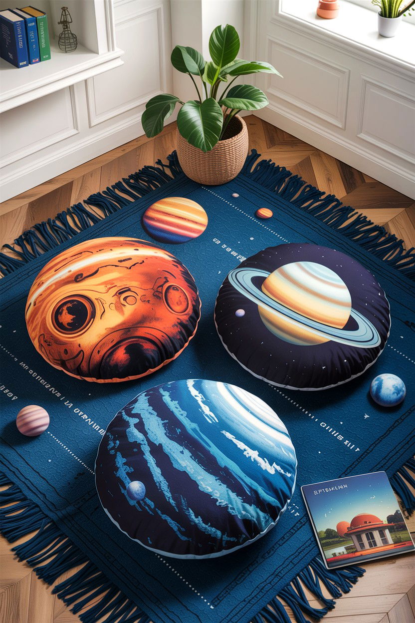 Planetary floor cushions - 30 astronaut bedroom ideas