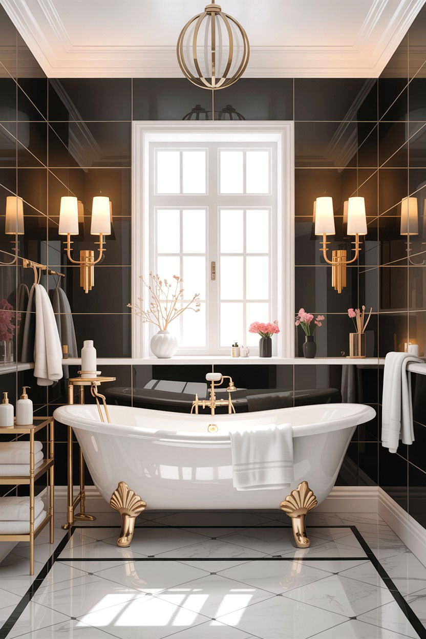 Polished Gray Tile Gold Sconces - 30 gray and gold bathroom ideas