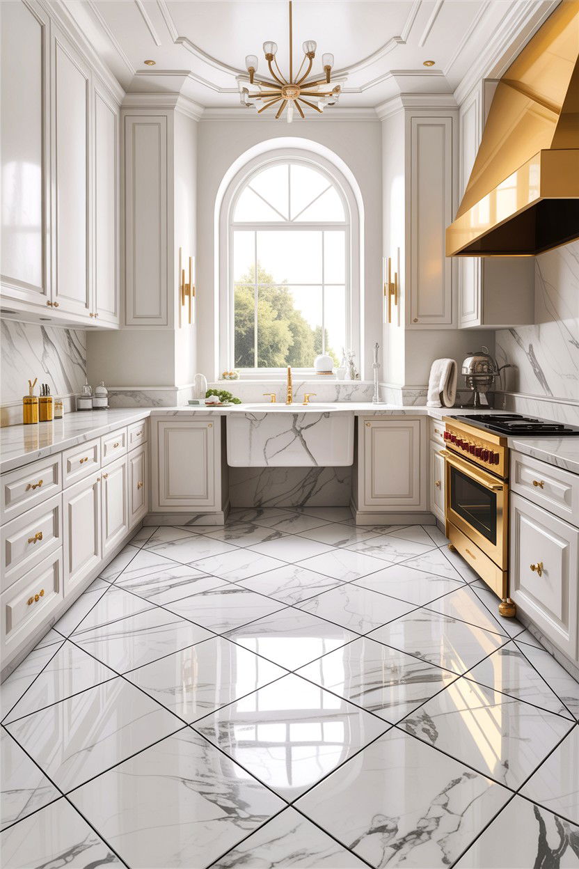 Polished marble floor - 30 stone kitchen ideas