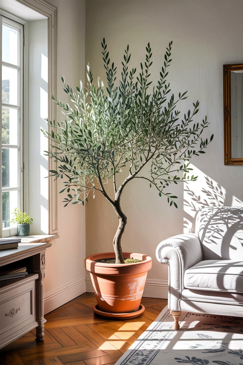 Potted Olive Tree - 30 rustic white bedroom ideas