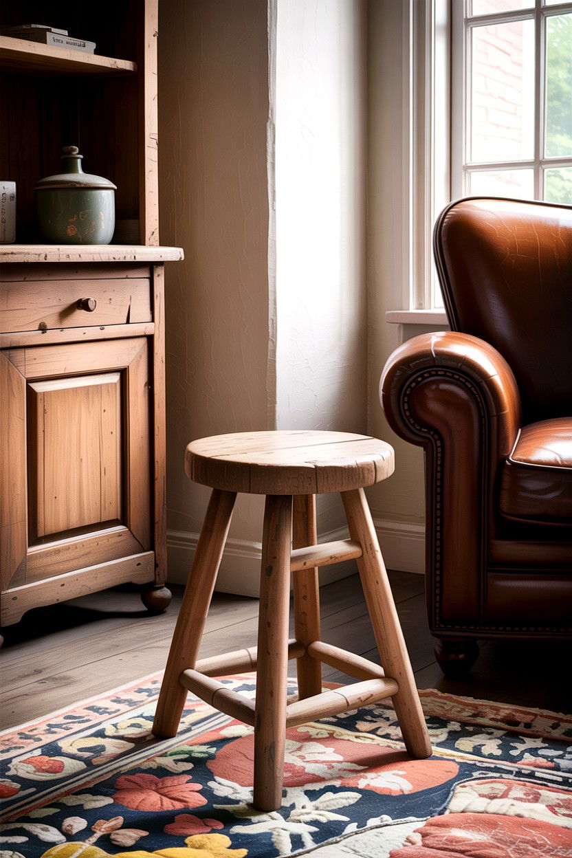 Primitive Wood Stool - 30 living room farmhouse furniture ideas