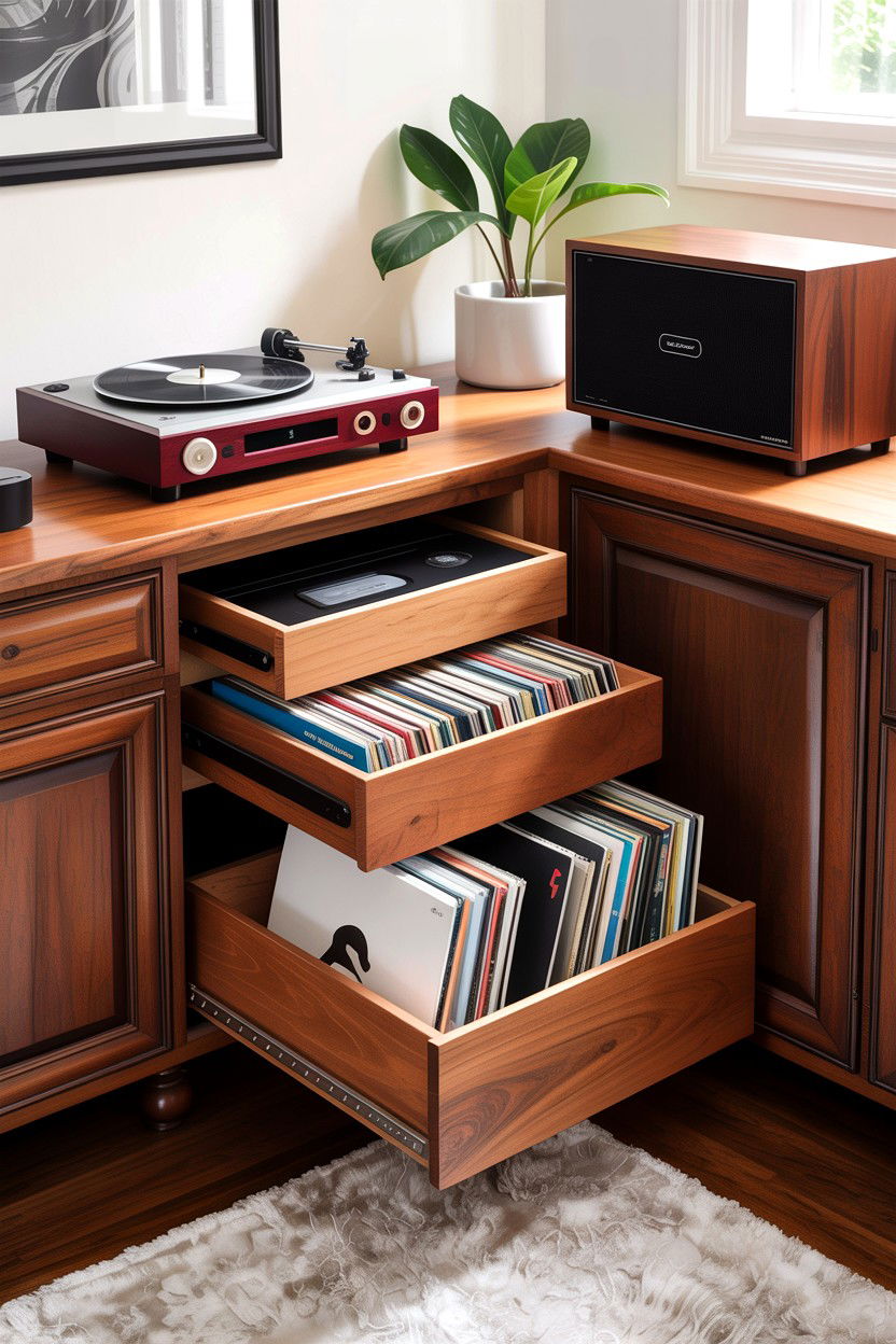 Pull Out Media Storage - 30 living room custom cabinetry ideas