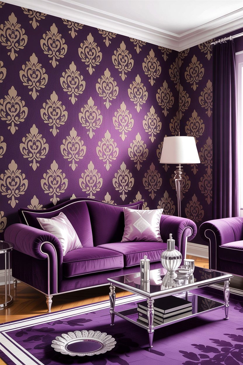 Purple and silver damask wallpaper - 30 living room damask wallpapers