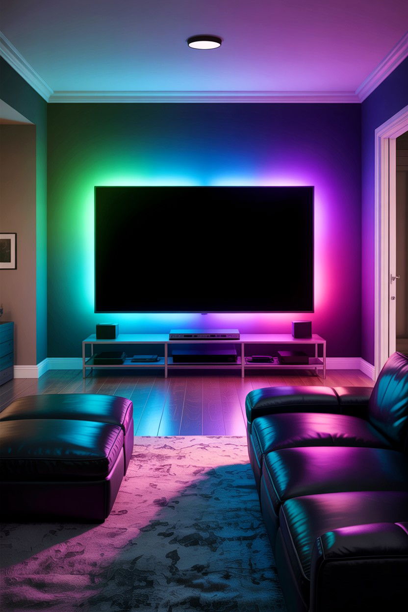 RGB LED Strip Lighting Accent Wall - 30 gaming living room ideas