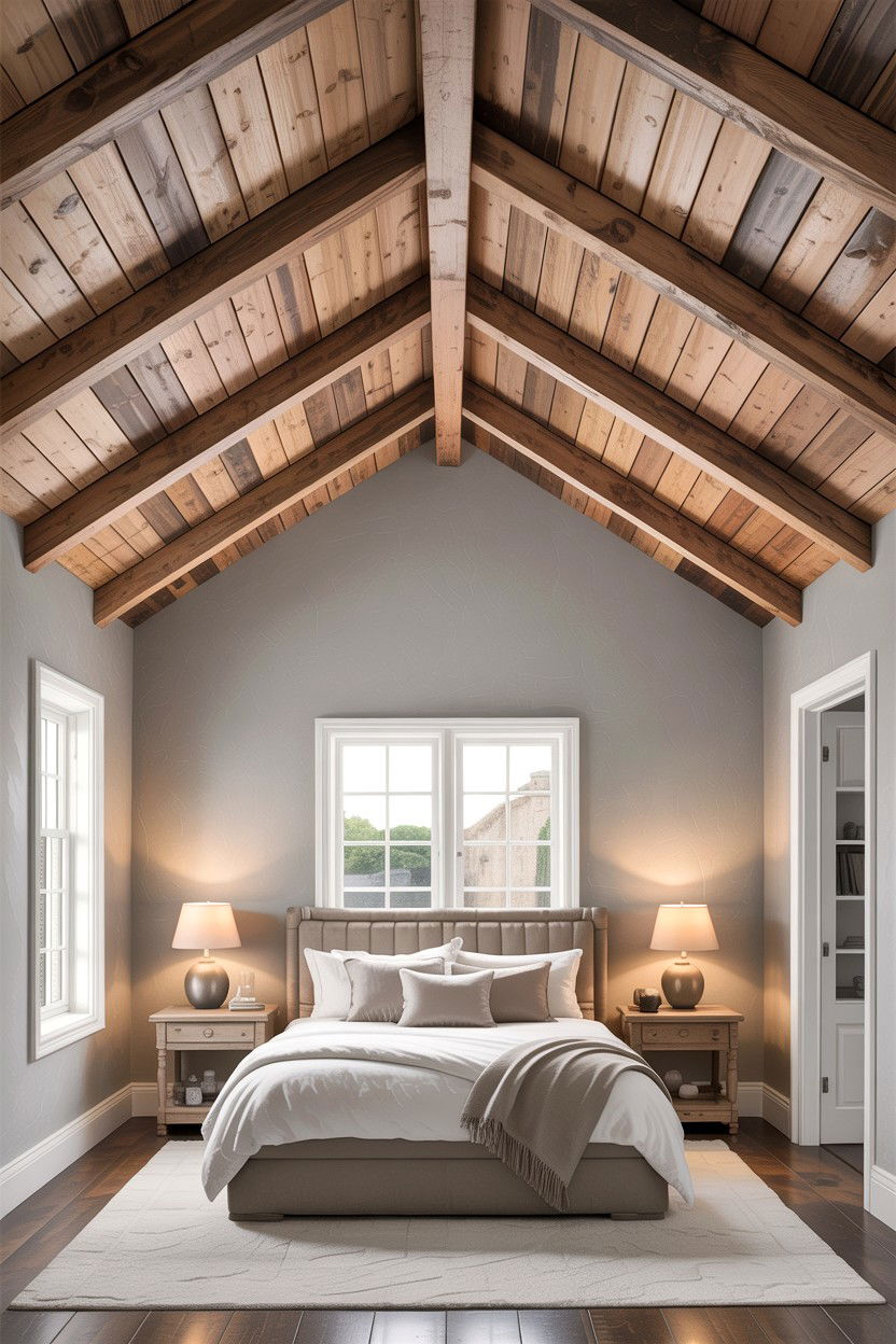 Raw Wood Ceiling Beams - 30 rustic grey bedroom ideas