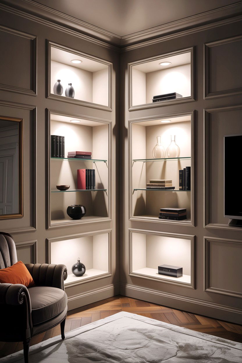 Recessed Wall Shelving - 30 small living room space storage ideas