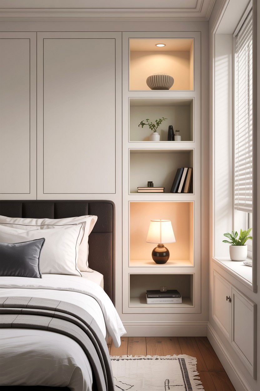 Recessed Wall Shelving - 30 small bedroom space storage ideas