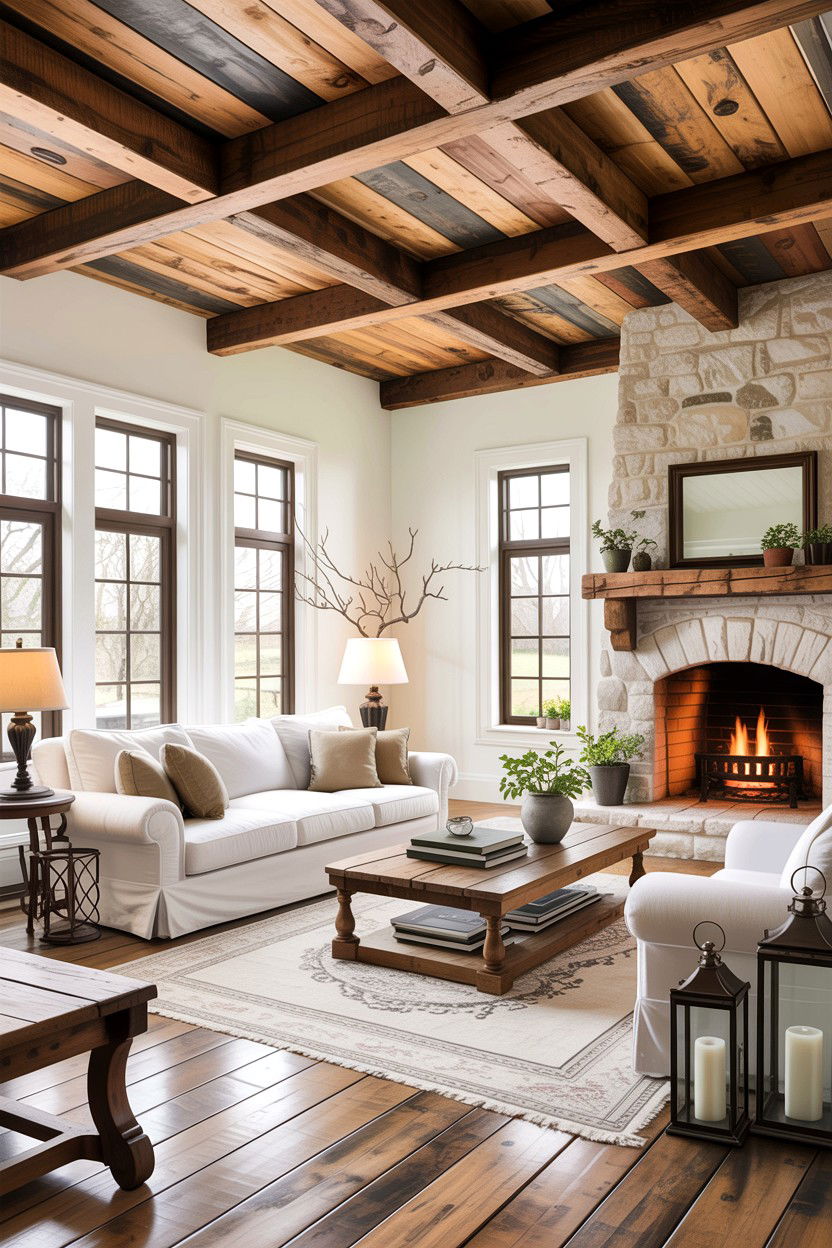 Reclaimed Wood Beams - 30 rustic white living room ideas