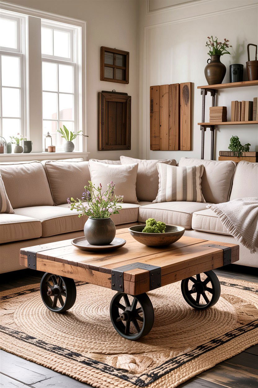 Reclaimed wood coffee table living room - 30 industrial living room ideas