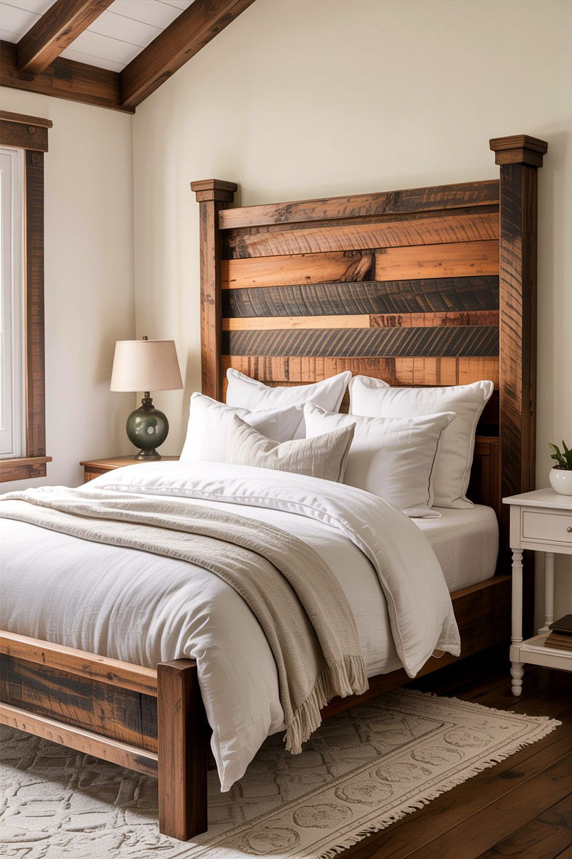 Reclaimed wood headboard - 30 rustic cream bedroom ideas