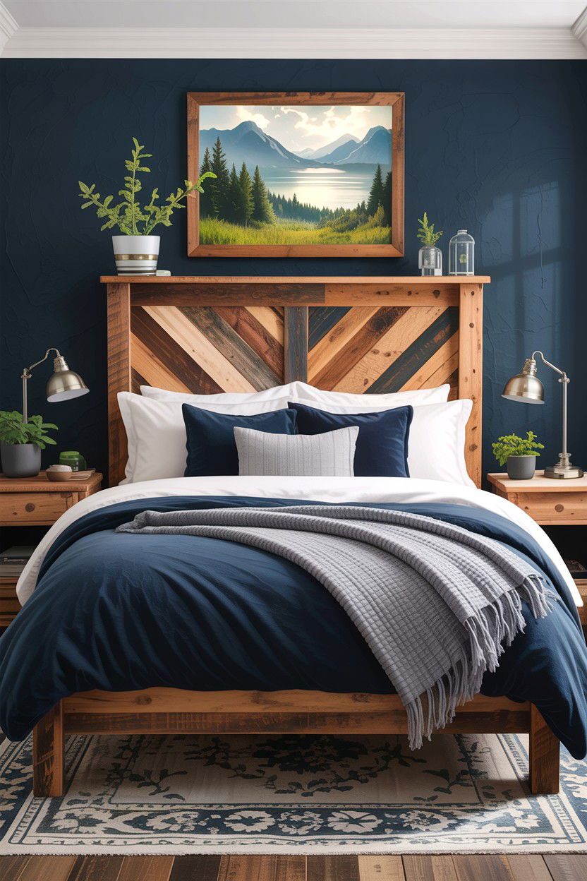 Reclaimed wood headboard navy bedding - 30 rustic navy bedroom ideas