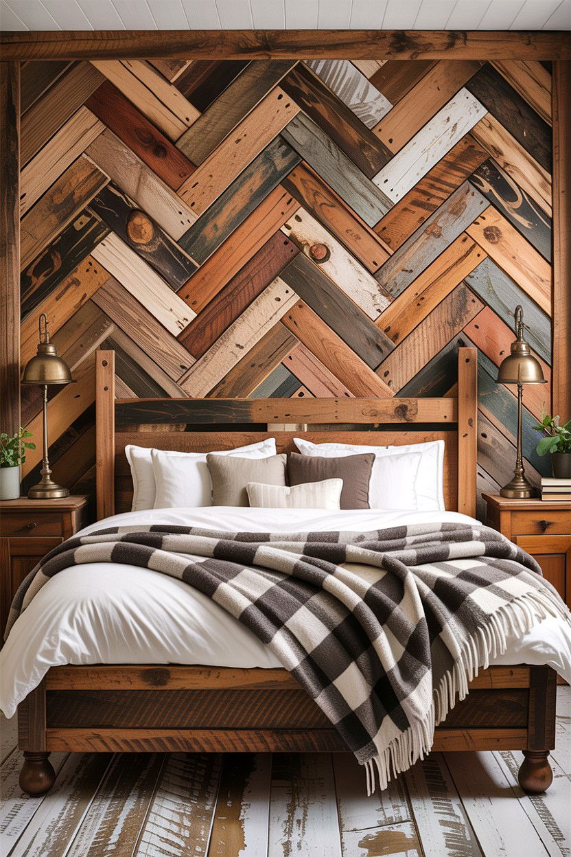 Reclaimed wood herringbone bedroom - 30 bedroom herringbone wall ideas