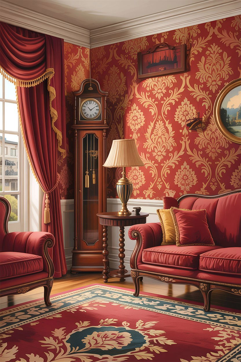 Red and gold traditional damask wallpaper - 30 living room damask wallpapers