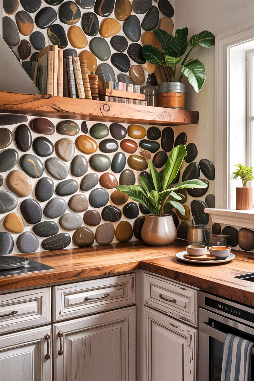 River rock backsplash - 30 stone kitchen ideas