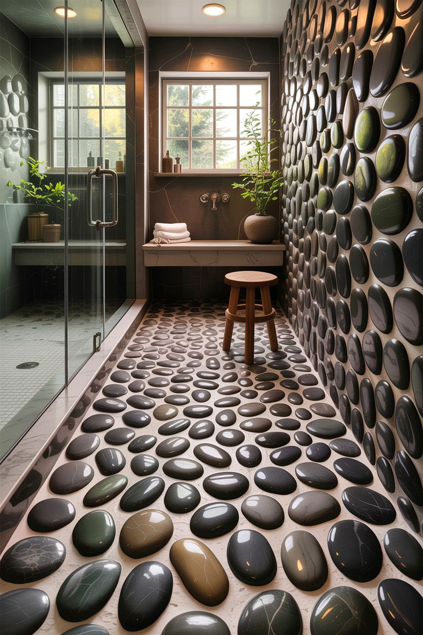 River rock shower floor - 30 Japanese bathroom ideas