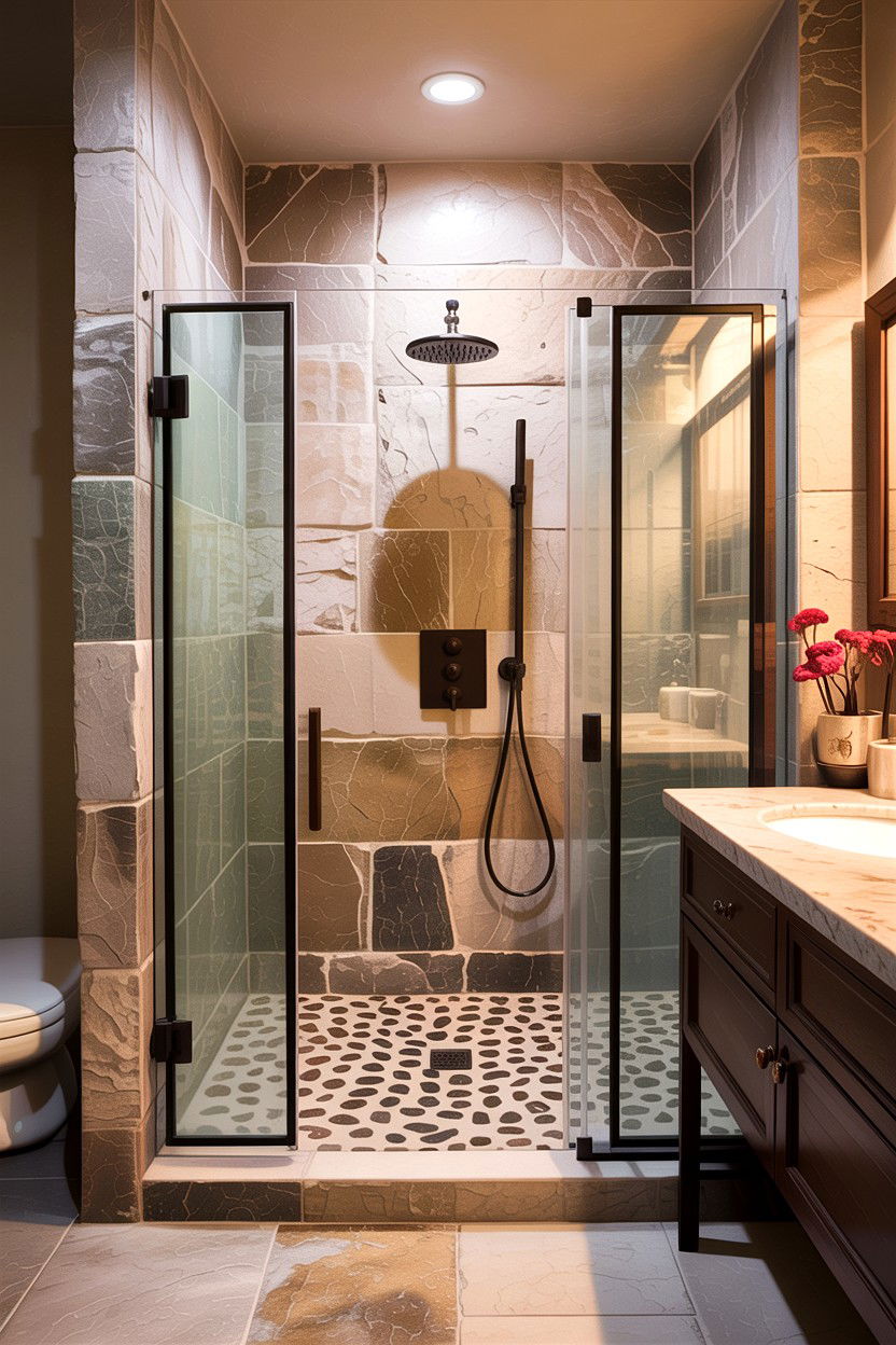 River rock shower floor - 30 Asian bathroom ideas