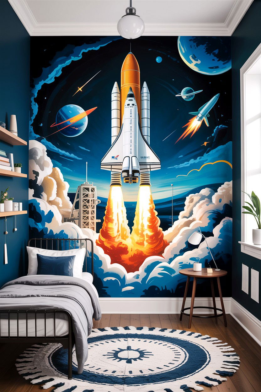 Rocket launch mural - 30 astronaut bedroom ideas