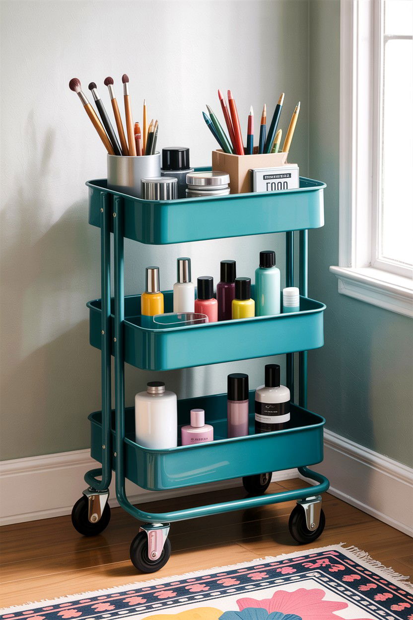 Rolling utility cart - 30 bedroom organization ideas