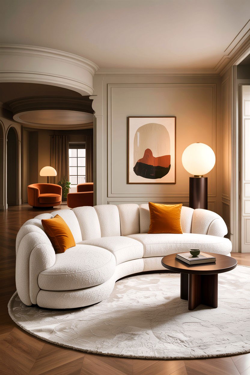 Round Boucle Sofa - 30 boutique hotel living room ideas