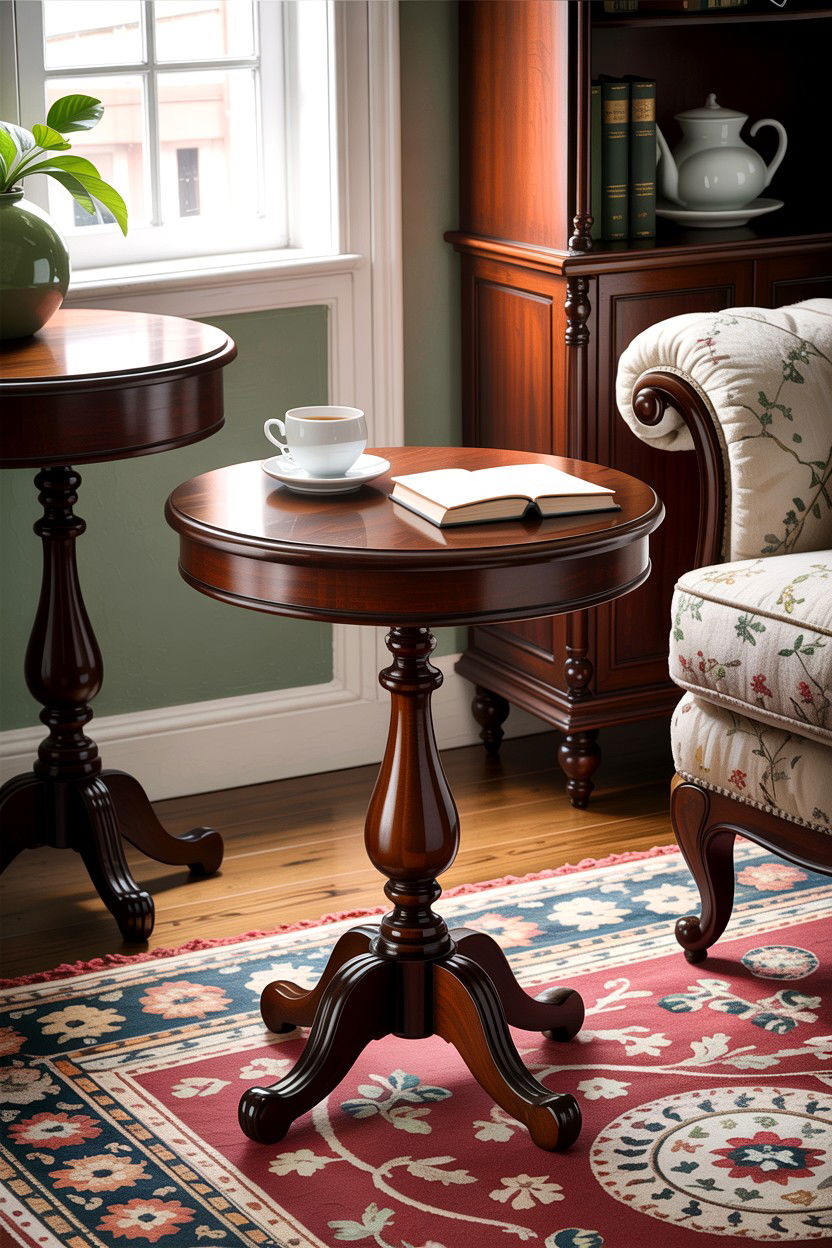 Round Wooden Side Table - 30 dark academia living room ideas