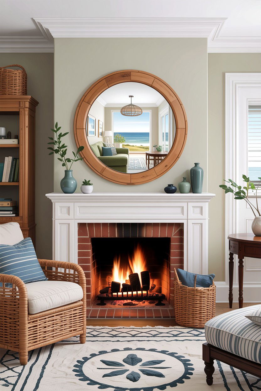 Round wooden mirror - 30 cape cod living room ideas