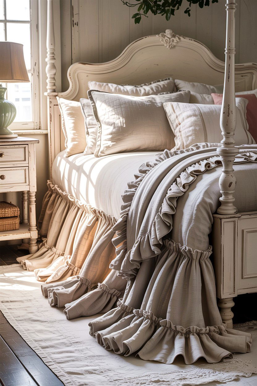 Ruffled Linen Bed Skirt - 30 French shabby chic bedroom ideas