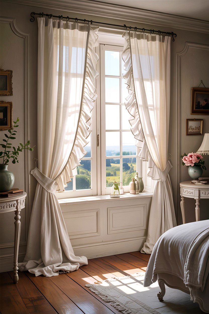 Ruffled Window Curtains - 30 French country bedroom ideas