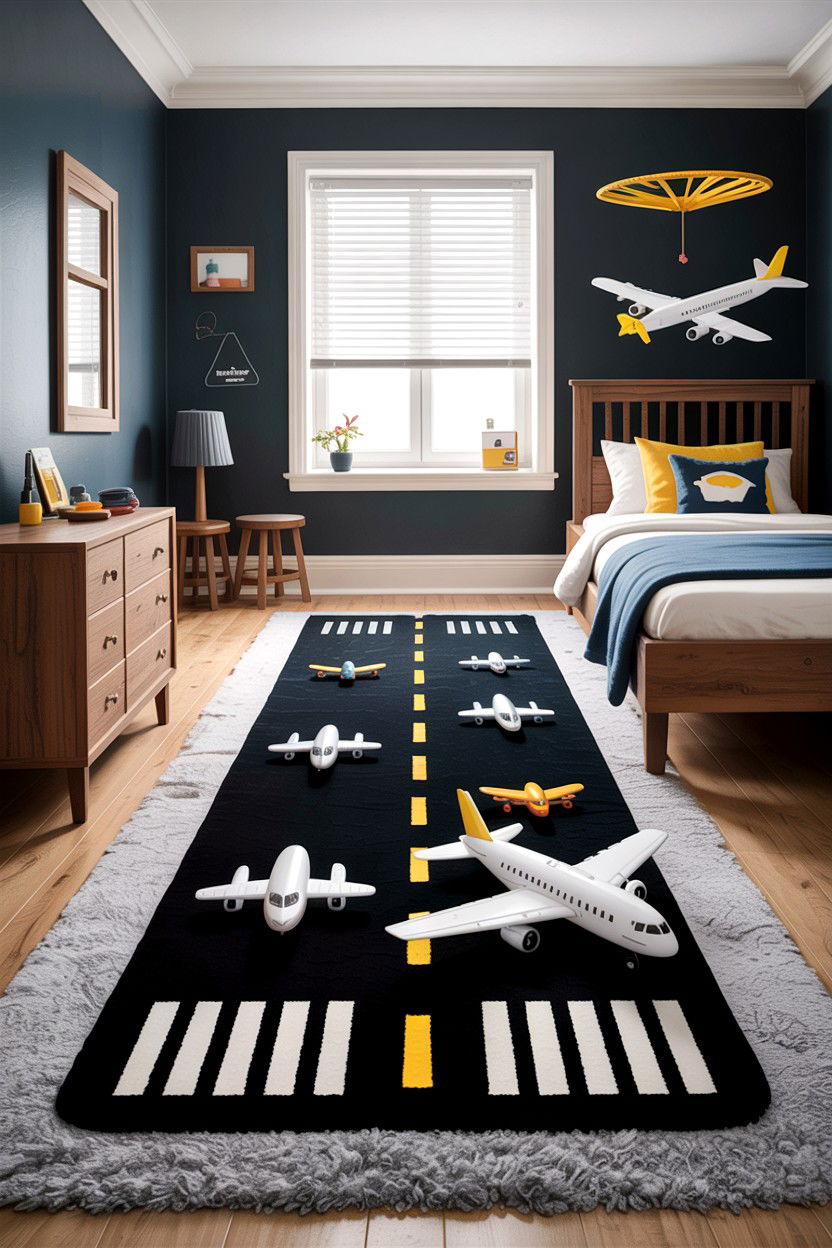 Runway Floor Rug - 30 airplane bedroom ideas
